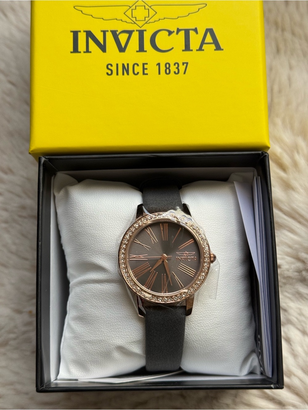Invicta NIB Rose Gold Crystal Accent Dark Grey Strap Leather Strap Women's Watch